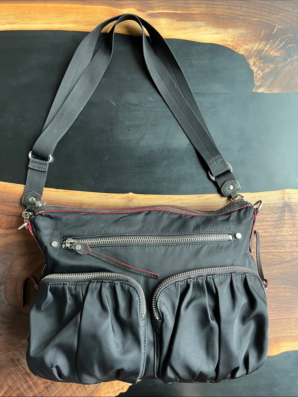 MZ Wallace Black Quilted Nylon Crossbody with Front Gathered Pockets